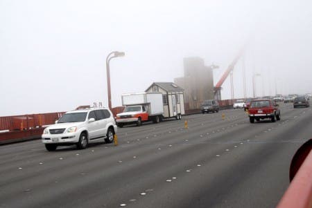 Crossing the Golden Gate Bridge in the fog.