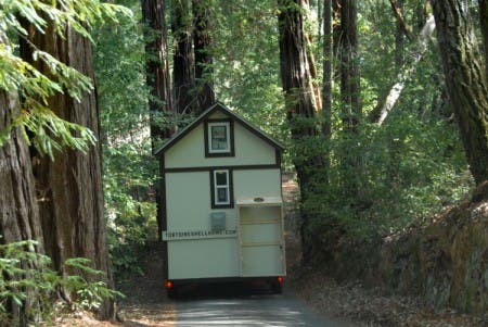 Driving through the redwoods to destination.