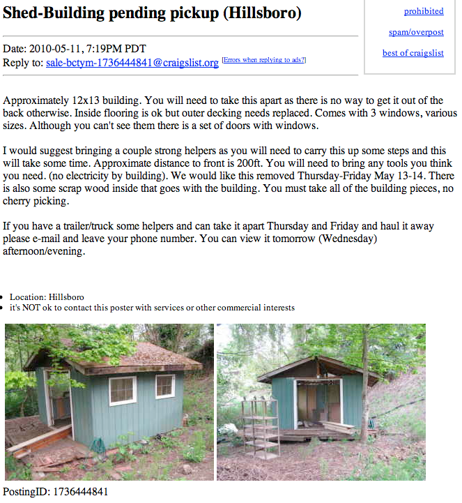 Free Tiny House on Craigslist