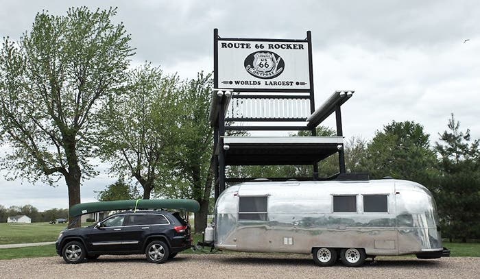 Kristin and Jason Snow towing their 1965 Airstream Overlander down historic Route 66.