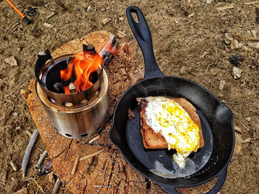 An 8 inch cast iron skillet fits perfectly on a solo camping stove