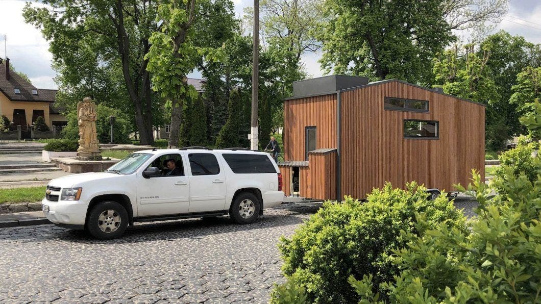 Solidbud tiny house being towed