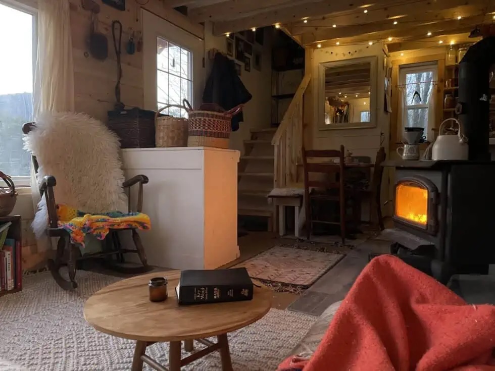 wood stove and sitting area