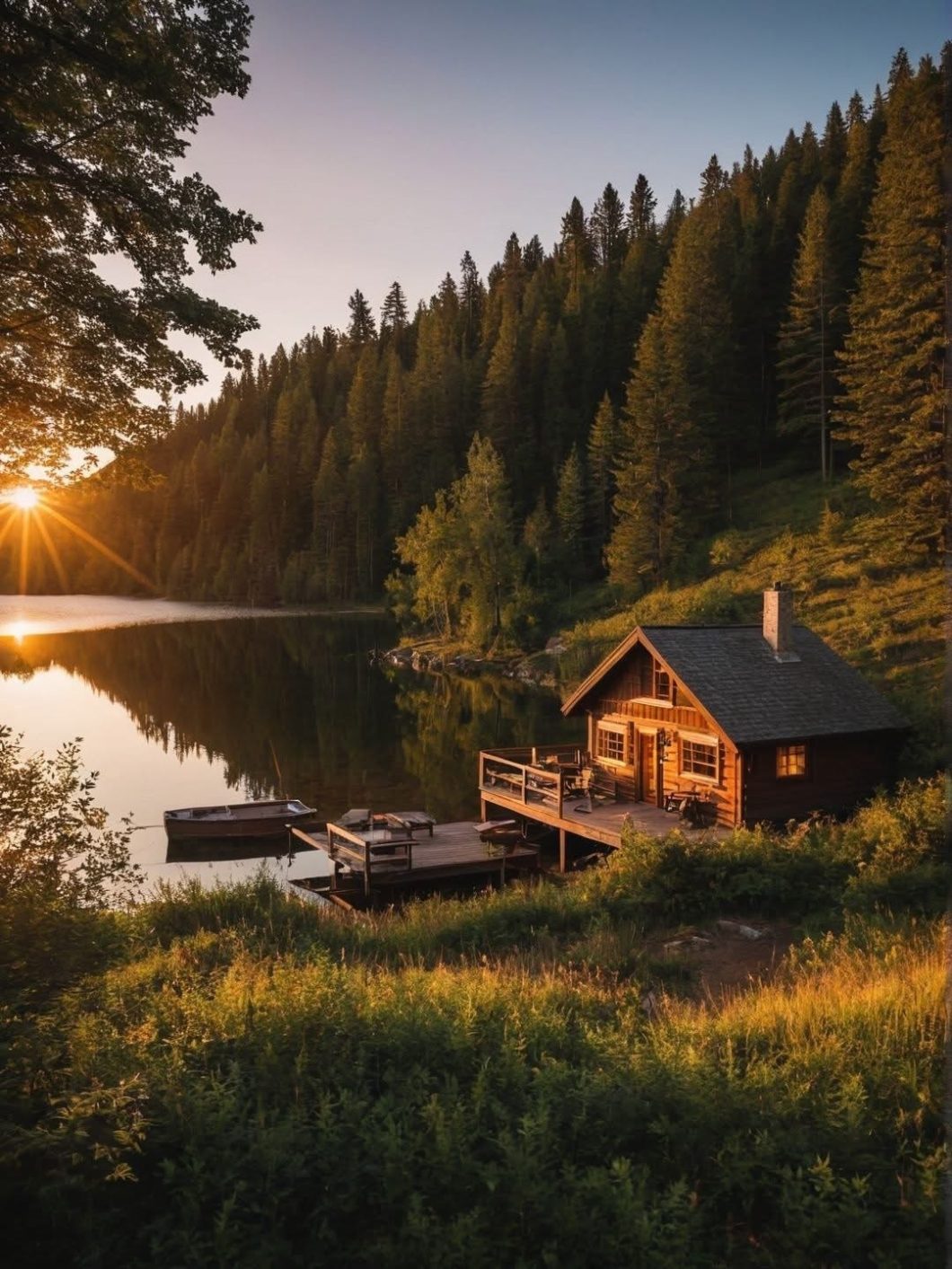 log cabin on the water