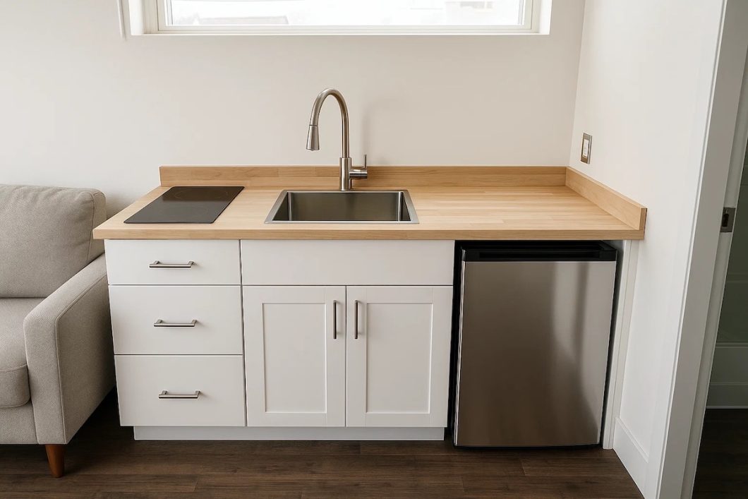 tiny kitchen and couch bed