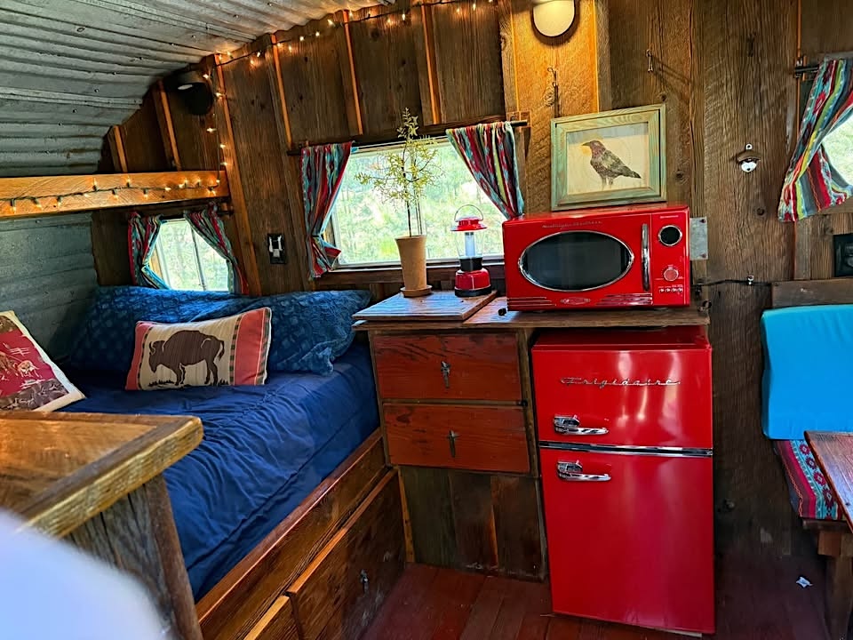 microwave, fridge and queen bed